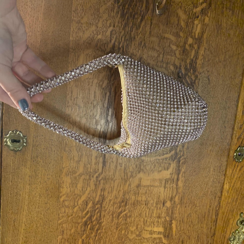 NWOT Mcbling Rhinestone Mini Croissant Wrist Bag Silver Mesh Womens